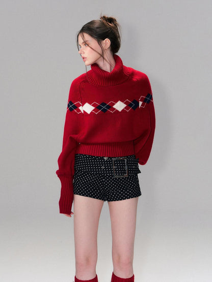 The NeverMore Warm Wool Pullover Vintage Jacquard Cape Batwing Women High Neck Red Sweaters