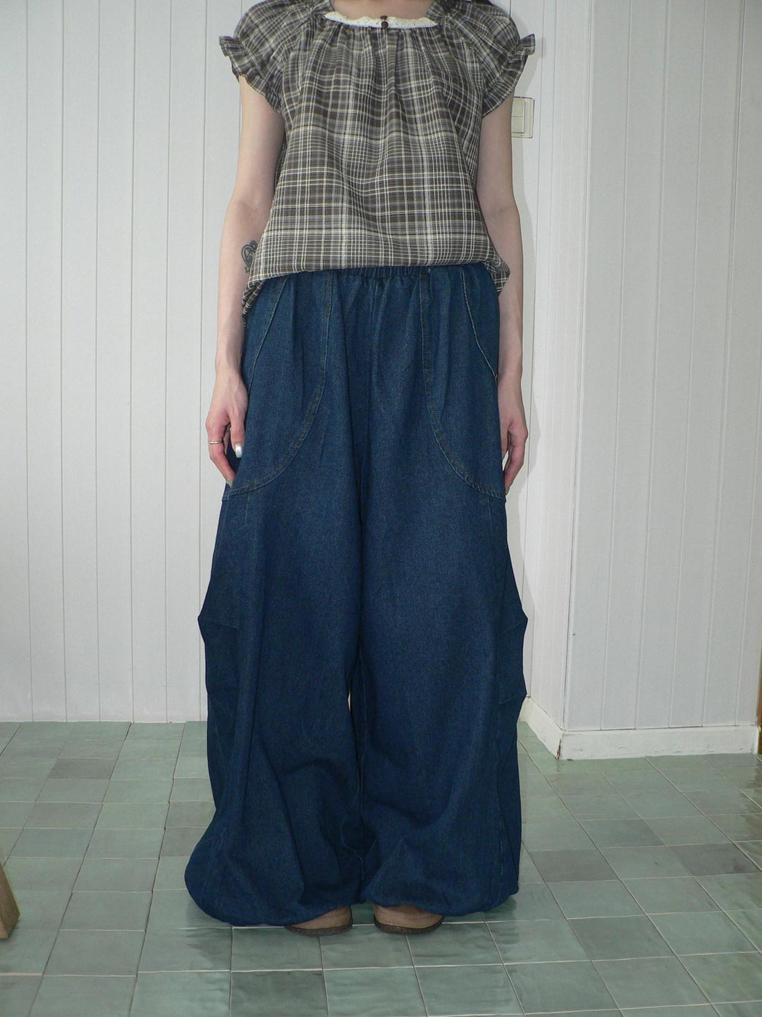 ang project Deep Blue Vintage Pleated Elastic Waist Loose Fit Women&