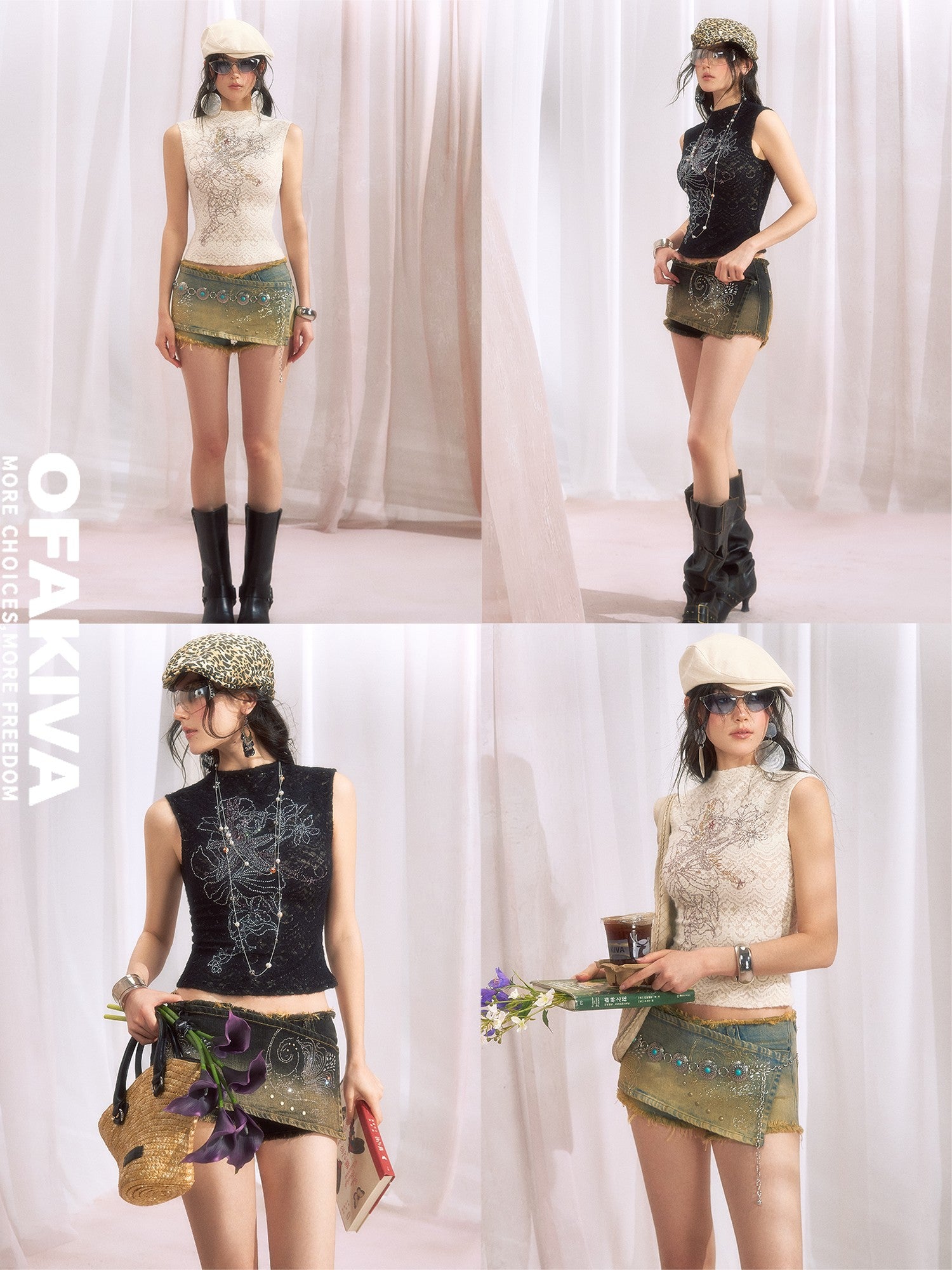 OfAkiva Vintage Rhinestone Floral High Neck Cropped Slim H Shape Women&