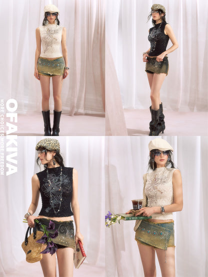 OfAkiva Vintage Rhinestone Floral High Neck Cropped Slim H Shape Women&