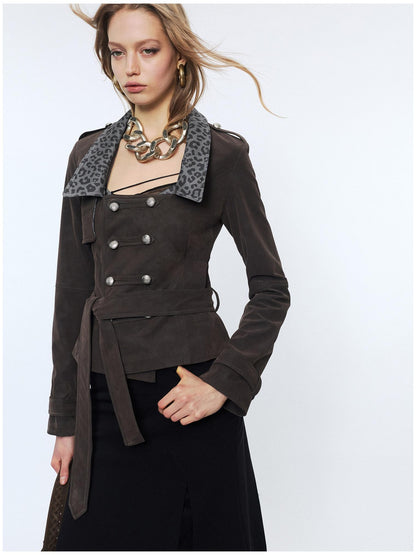 2th Desire Waist Cinch Punk Leopard Print Slim Fit Zip Short Women Trench Coats