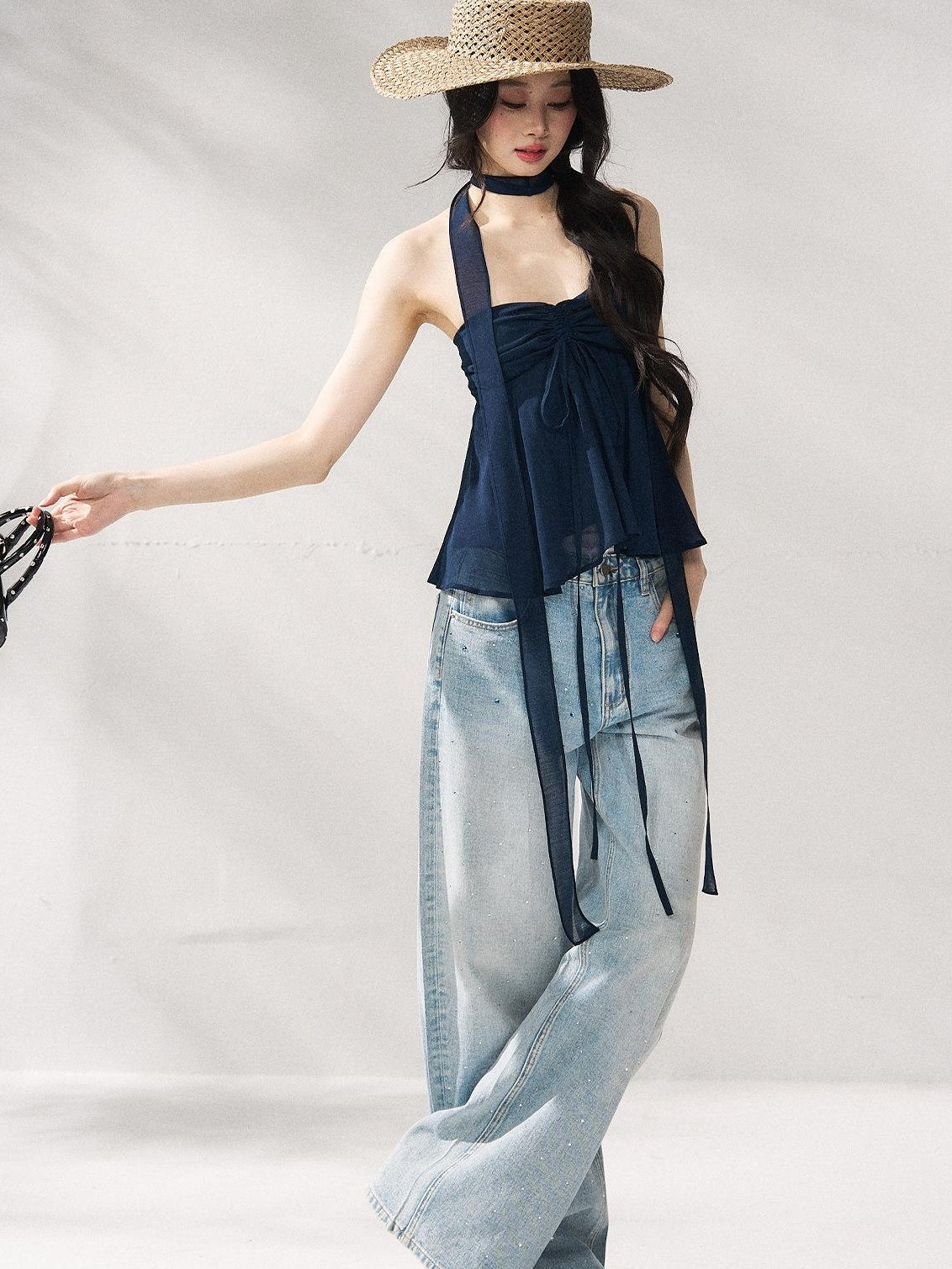 7Shiftin Structured Cotton Natural Waist Zipper Fly Women Blue Denim Straight Leg Jeans