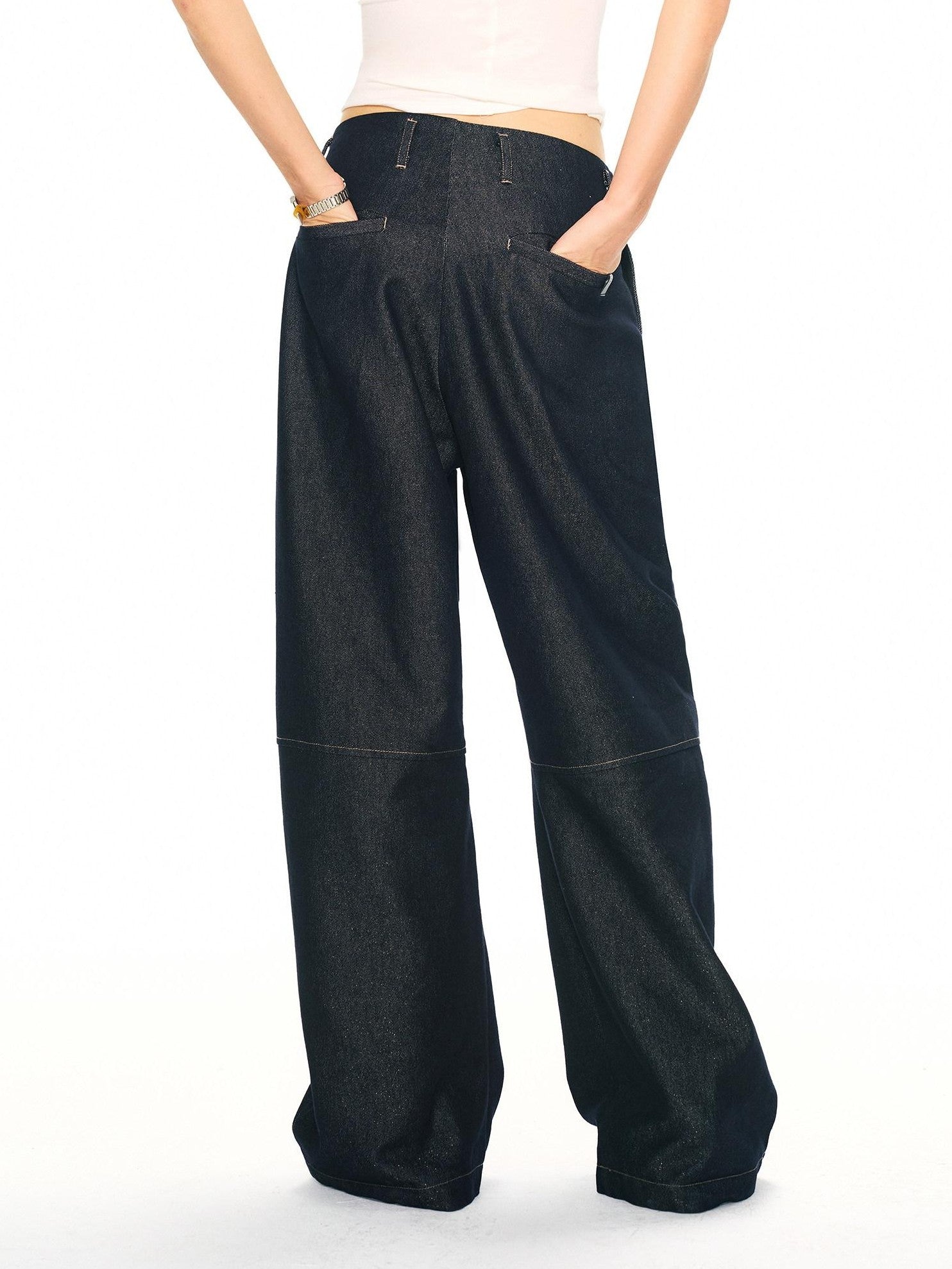 2th Desire Shimmer Contrast Stitching High Waist Button Women&