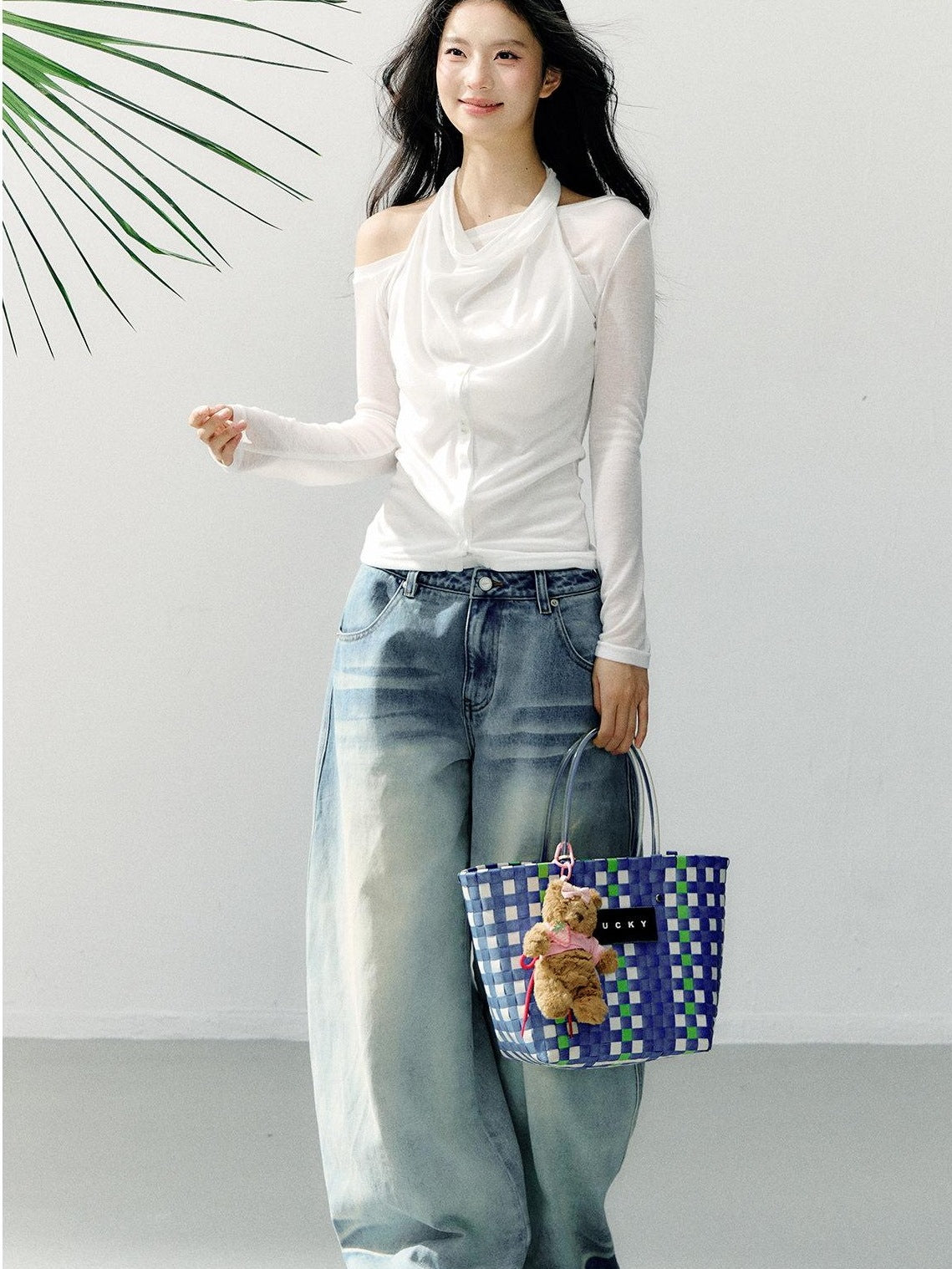 7Shiftin Washed Cotton Natural Waist Girly Zip Fly Non Stretch Blue Women Wide Leg Jeans