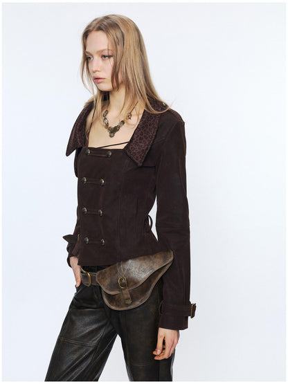 2th Desire Waist Cinch Punk Leopard Print Slim Fit Zip Short Women Trench Coats