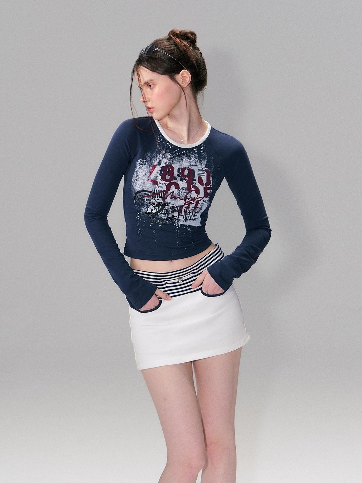 The NeverMore Cotton Blend Letter Print American Slim Fit Cropped Women Long Sleeve T-Shirts