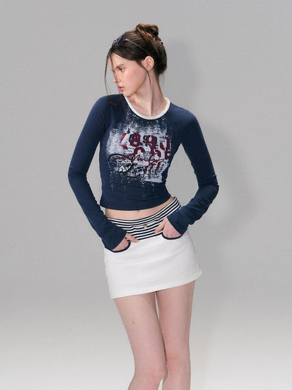 The NeverMore Cotton Blend Letter Print American Slim Fit Cropped Women Long Sleeve T-Shirts