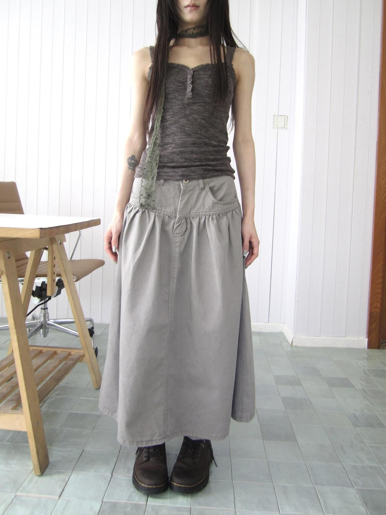 ang project Vintage Distressed Pleated High Waist A Line Women&