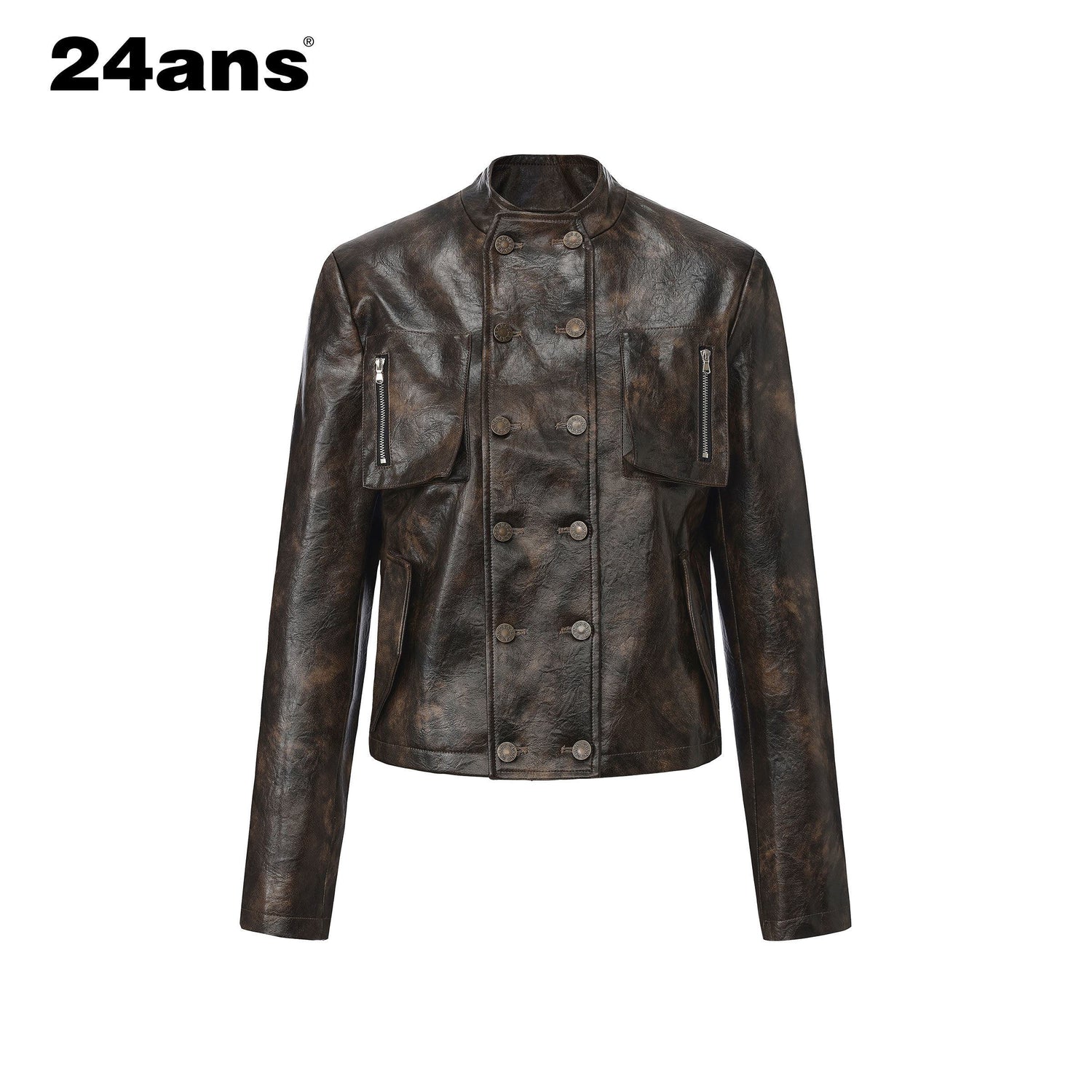 24ans_Pu_Leather_Loose_Fit_Chinese_Stand_Collar_Short_Green_Brown_Leather_Jackets_MISSTT