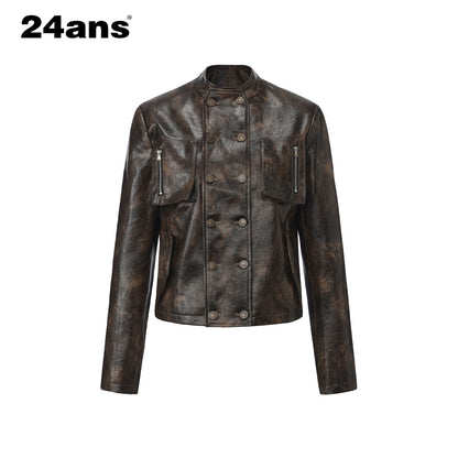 24ans_Pu_Leather_Loose_Fit_Chinese_Stand_Collar_Short_Green_Brown_Leather_Jackets_MISSTT