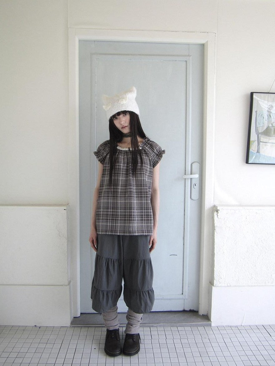 ang project Brown Plaid Patchwork Lace Trim Puff Sleeve Women&