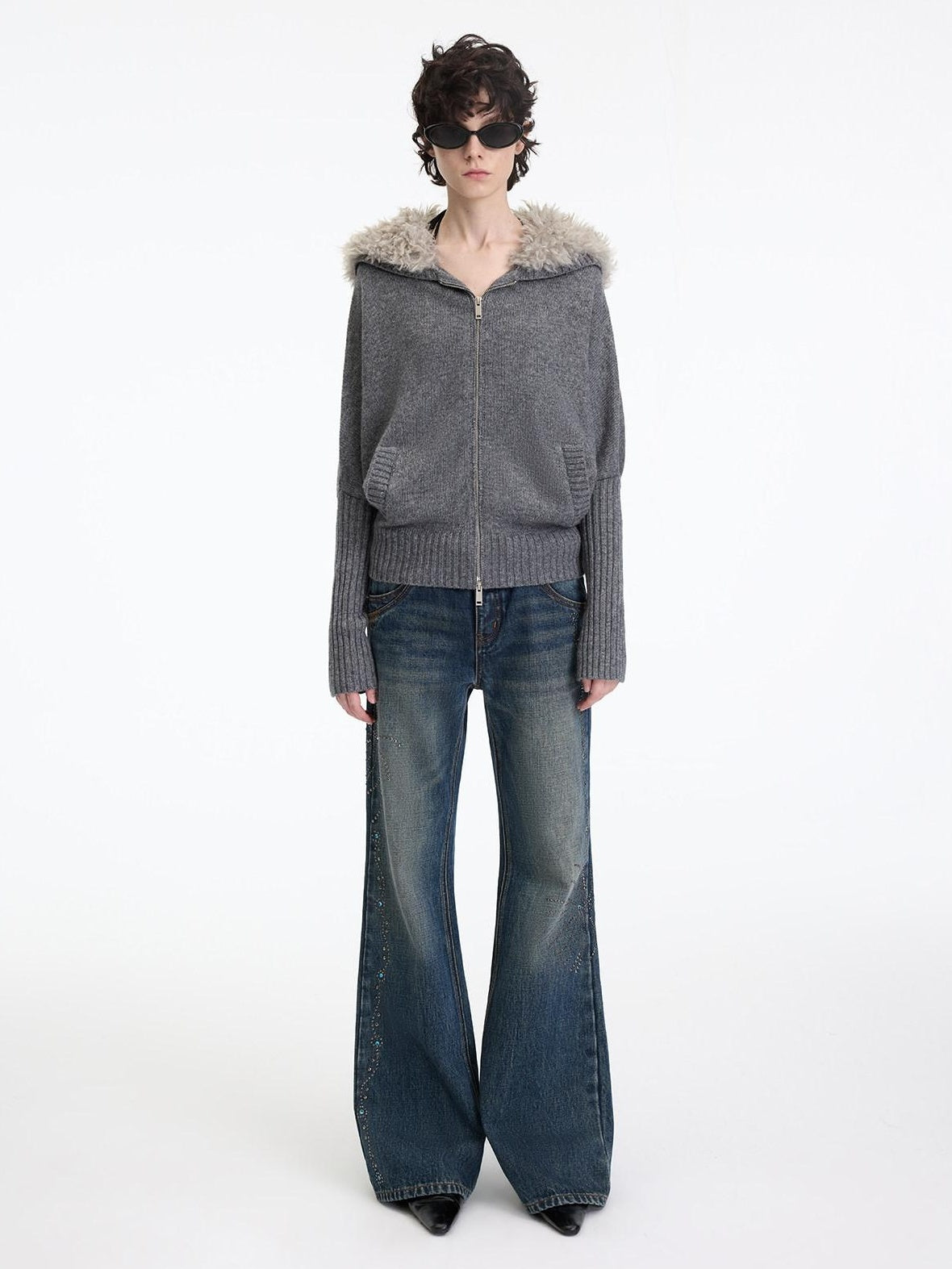 RUN TO THE FUTURE Soft Wool Blend Hooded Patchwork Vintage Loose Fit Zipper Knit Cardigans