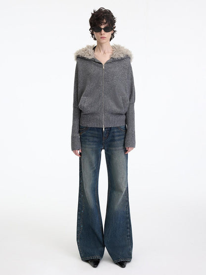 RUN TO THE FUTURE Soft Wool Blend Hooded Patchwork Vintage Loose Fit Zipper Knit Cardigans