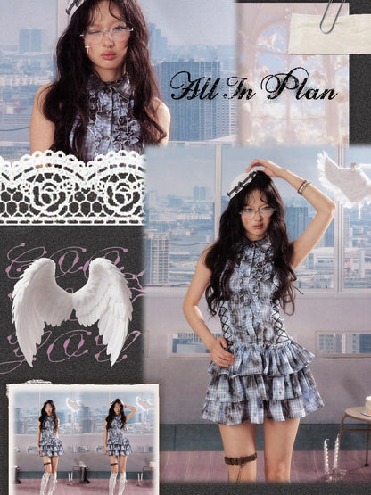 ALL iN plan Blue Sleeveless Slim Fit Tiered Ruffle Cotton Blend Casual Mini Dresses