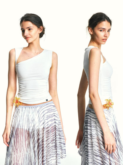 kvkv White Asymmetric Square Neck Ruched Slim Women&