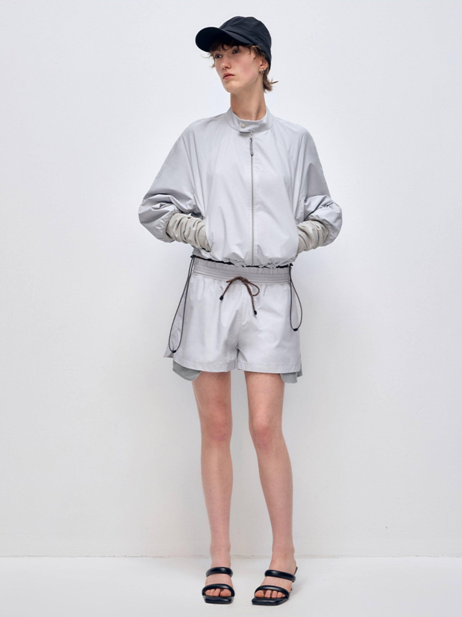 RUN TO THE FUTURE Polyester Two Piece Zip Stand Collar Casual Women Navy Green Short Trousers