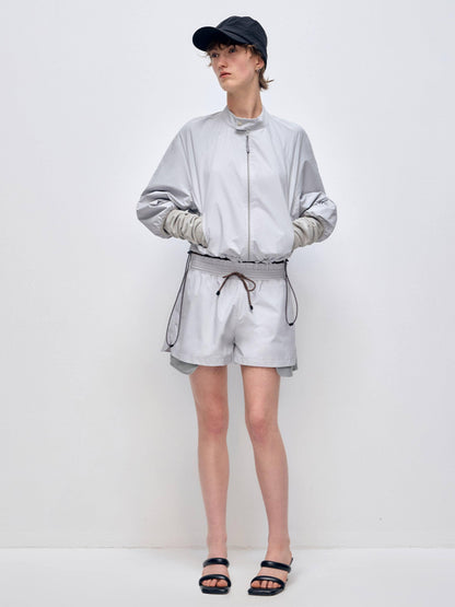 RUN TO THE FUTURE Polyester Two Piece Zip Stand Collar Casual Women Navy Green Short Trousers