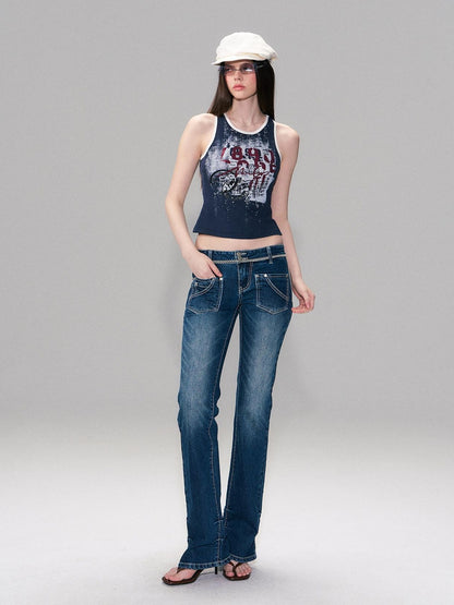 The NeverMore Soft Stretch Cotton Slim Fit Round Neck Printed Cropped Women Navy Camisoles