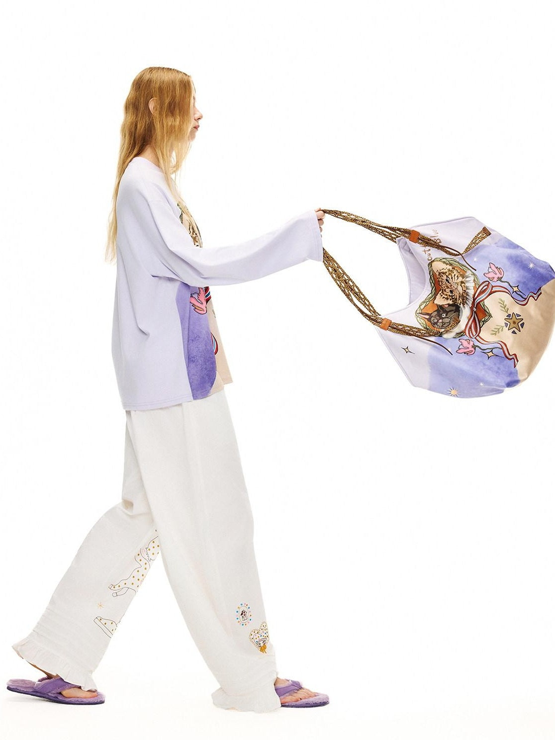 OuttheBlue Cute Cat Print Light Purple Roomy Square Double Strap Shoulder Women Tote Bags