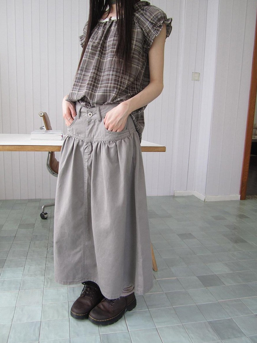 ang project Vintage Distressed Pleated High Waist A Line Women&