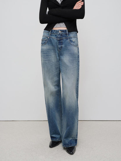 RUN TO THE FUTURE Vintage Washed Cotton Natural Waist No Stretch Ladies Blue Straight Jeans