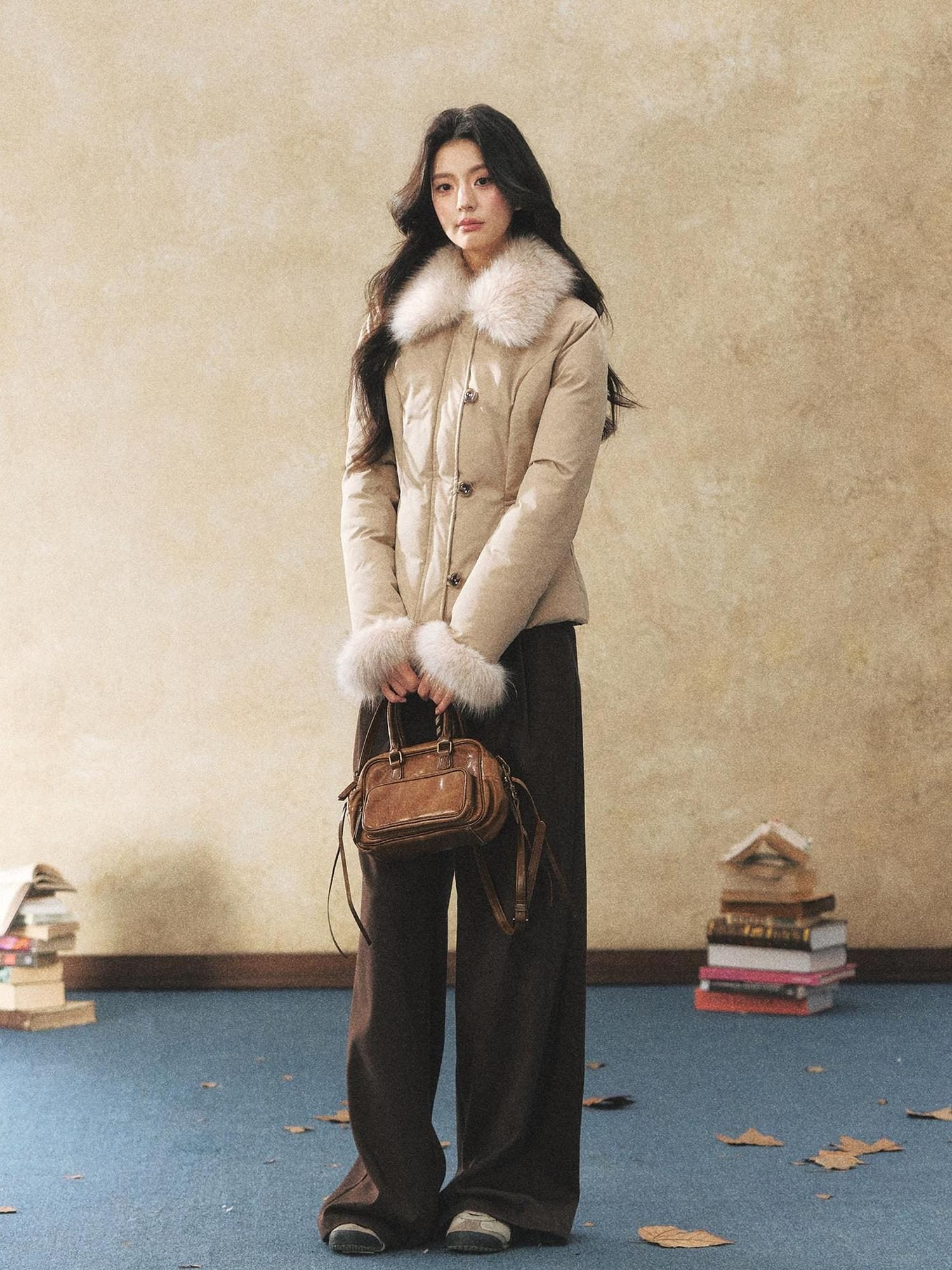7Shiftin Warm Down Filled Plush Fur Collar Slim Fit Button Cropped Women Knit Sweaters