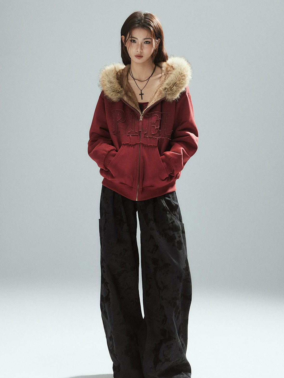 Low pixel Thick Warm 100 Percent Cotton Street Loose Fit Zip Up Women Red Oversized Hoodie