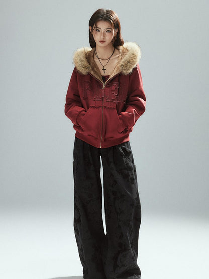 Low pixel Thick Warm 100 Percent Cotton Street Loose Fit Zip Up Women Red Oversized Hoodie