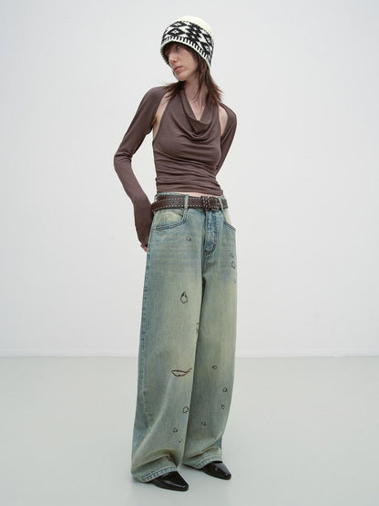 RUN TO THE FUTURE Durable Washed Low Rise Asymmetrical Vintage Unisex Printed Denim Wide-Leg Jeans