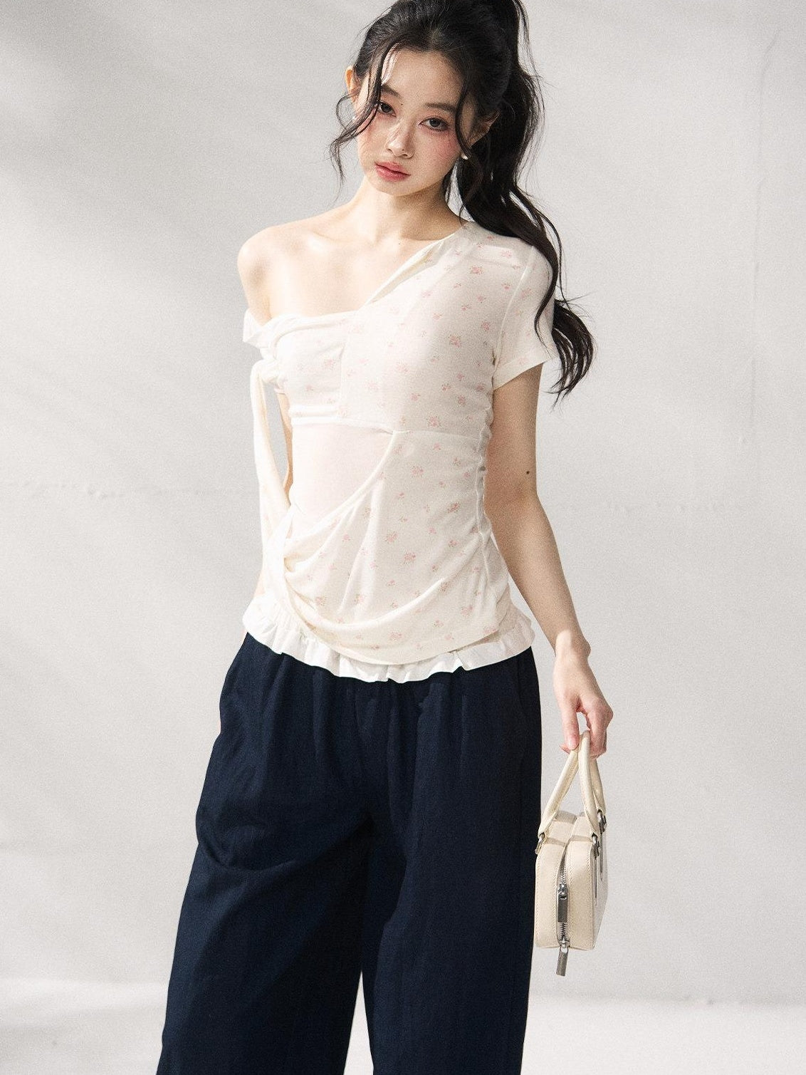 7Shiftin Floral Tie Slim Fit Casual Asymmetrical Neck Short Sleeve Women Basic Crop Tops