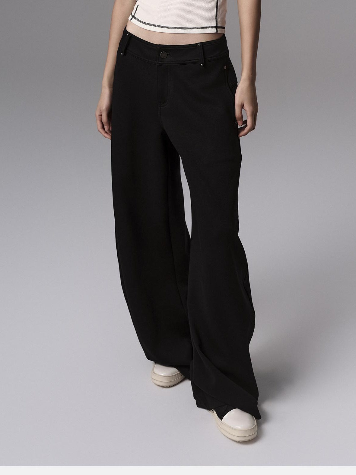 Low pixel Low Waist Dark Minimal Curved Button Fly Black Women Rayon Wide Leg Pants