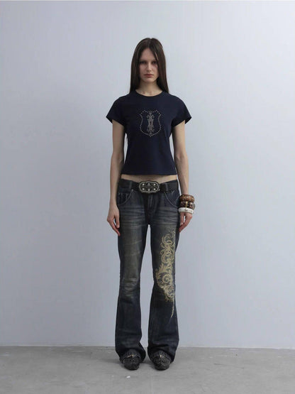 DoublePunch Cropped Hotfix Rhinestone Slim Fit Vintage Women&