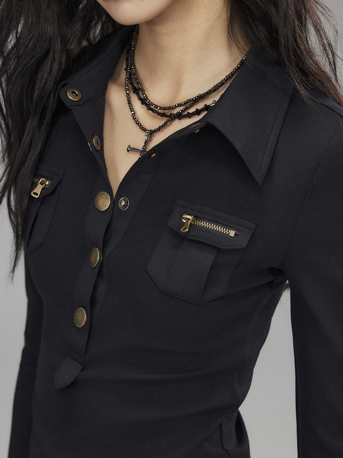 Low pixel Slim Fit Utility Knit Pullover Women Black Turndown Collar Long Sleeve T-Shirts