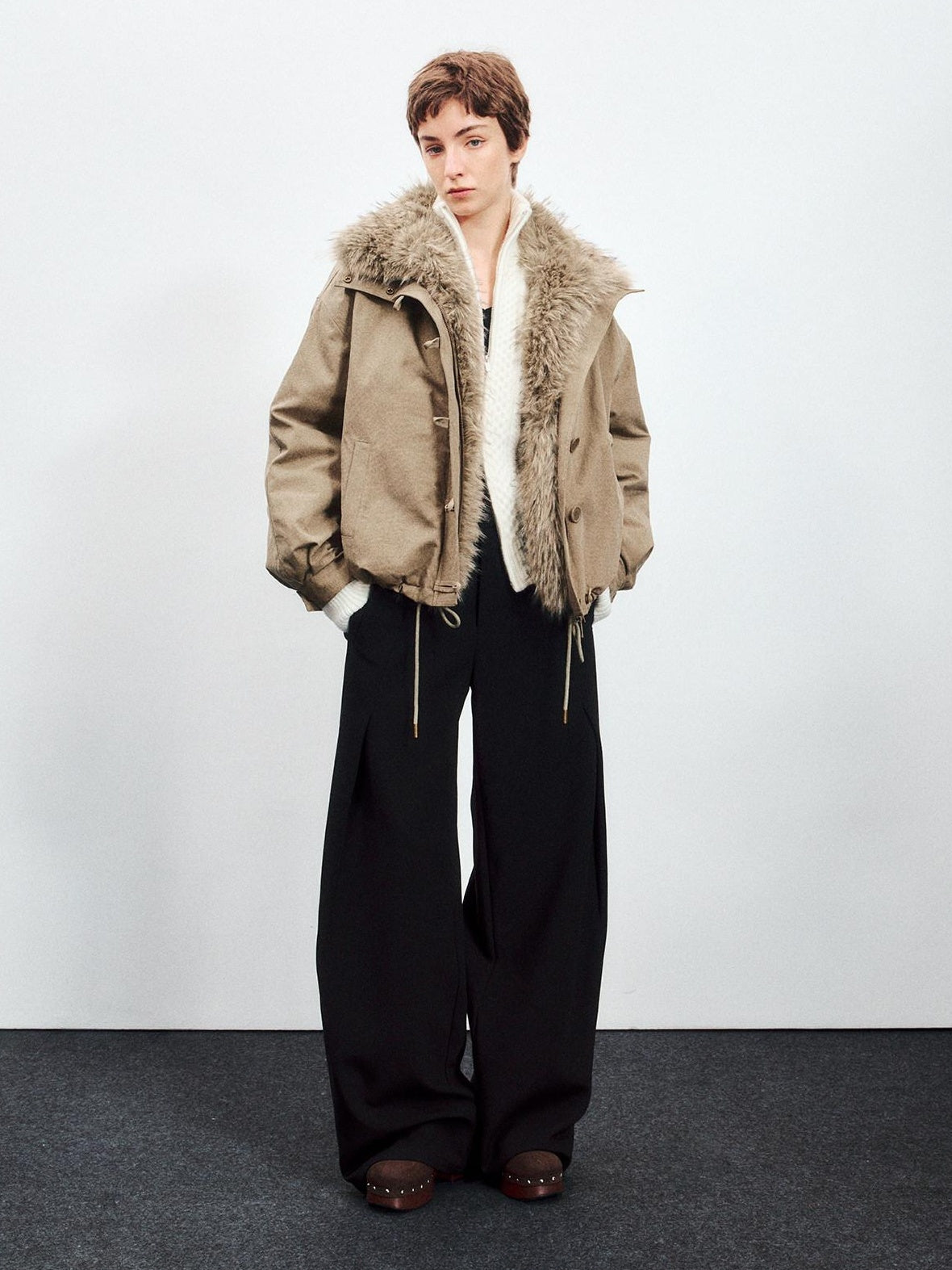 RUN TO THE FUTURE Flattering Mid Rise Minimalist Straight Cut Office Gray Black Wide-Leg Pants