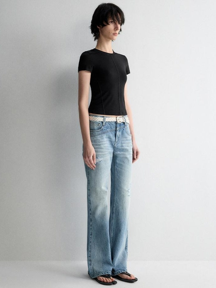 RUN TO THE FUTURE Ripped Low Rise Wide Leg Casual Loose Fit Vintage Ice Blue Denim Straight Jeans