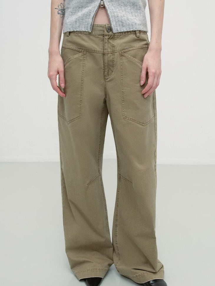 RUN TO THE FUTURE Washed Cotton Khaki Cargo Pockets Loose Mid Rise Zip Fly Casual Straight Pants