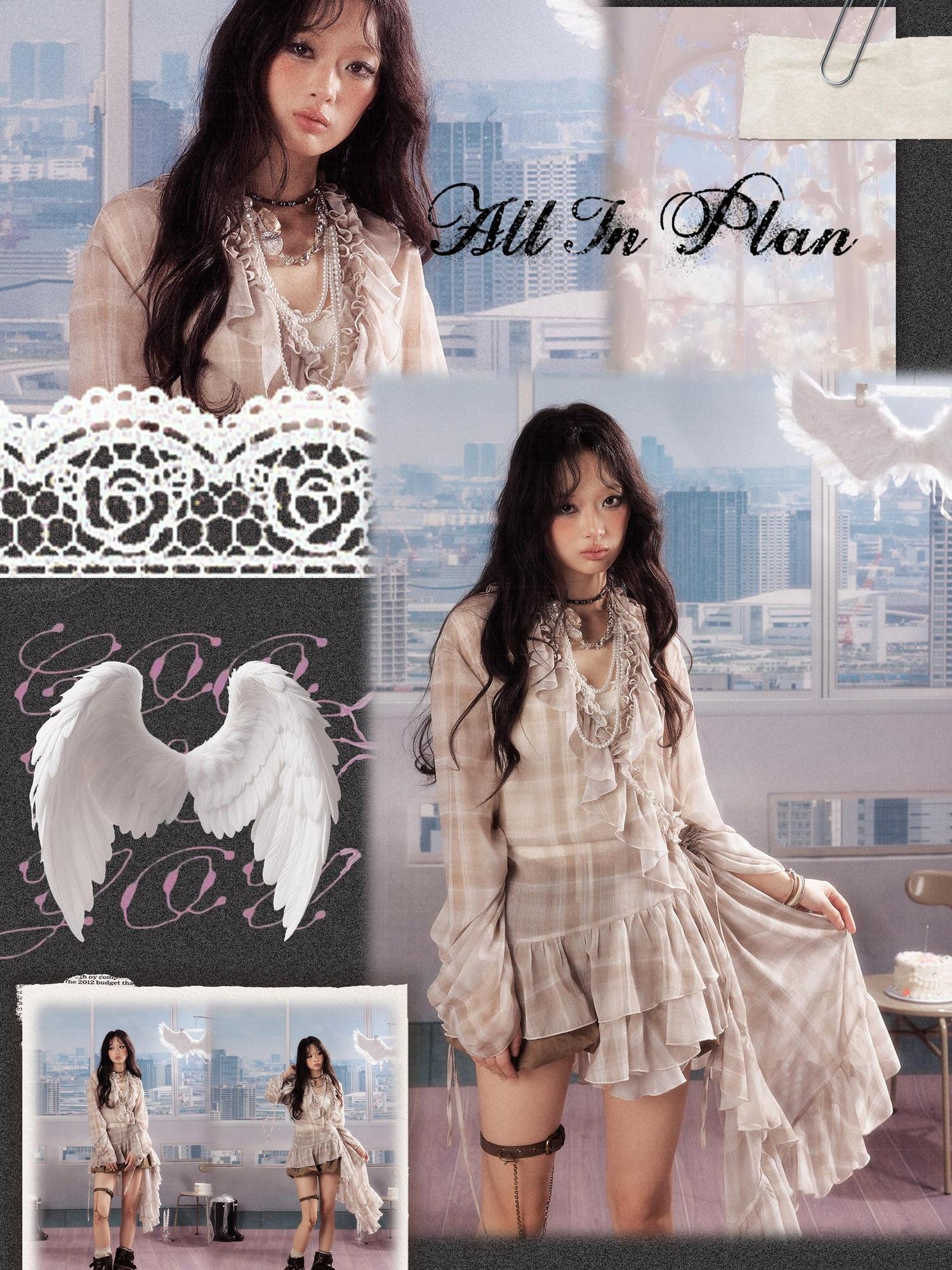ALL iN plan Vintage Loose Long Sleeve Fairy Beige Plaid Casual Women Polyester Dress