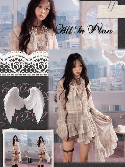 ALL iN plan Vintage Loose Long Sleeve Fairy Beige Plaid Casual Women Polyester Dress