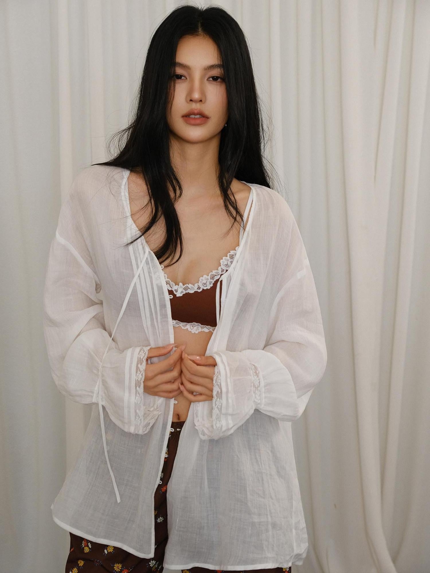 FU FRESH UP French Lace Tie Woven Long Sleeve Loose Mid Length Women&