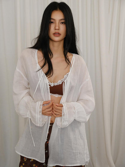 FU FRESH UP French Lace Tie Woven Long Sleeve Loose Mid Length Women&