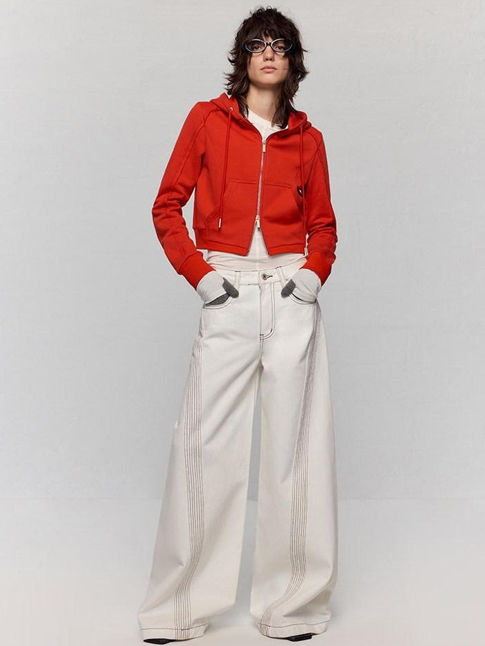 RUN TO THE FUTURE Casual Colorblock Loose Natural Waist Washed Denim High Cotton Wide-Leg Jeans