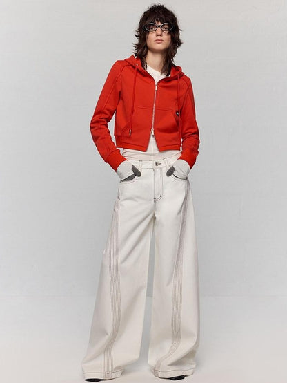 RUN TO THE FUTURE Casual Colorblock Loose Natural Waist Washed Denim High Cotton Wide-Leg Jeans