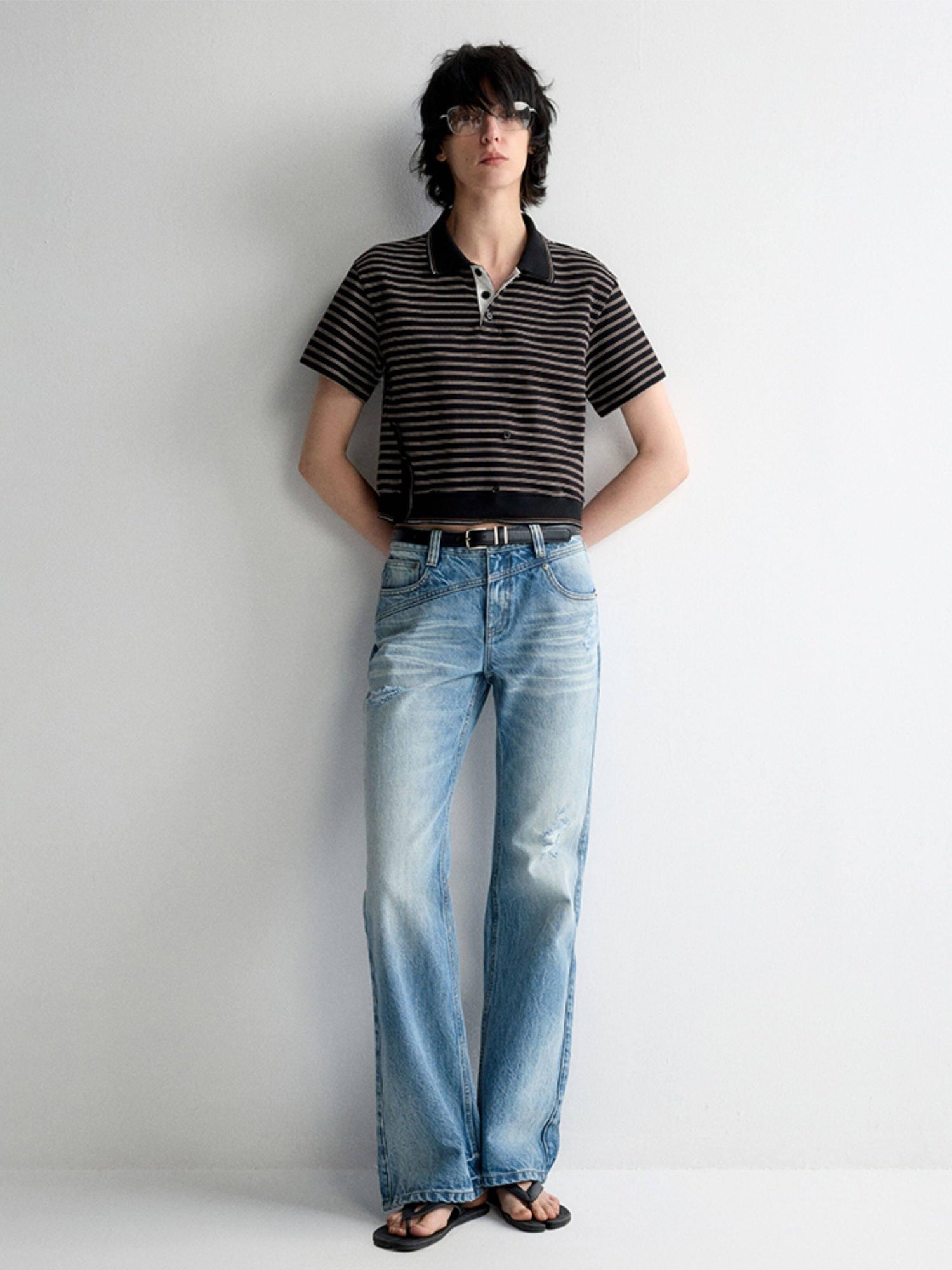RUN TO THE FUTURE Breathable Cotton Slim Fit Asymmetric Henley Striped Low Waist Women Crop Tops