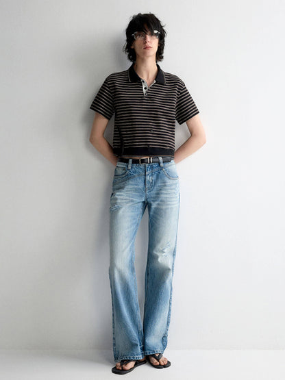 RUN TO THE FUTURE Breathable Cotton Slim Fit Asymmetric Henley Striped Low Waist Women Crop Tops