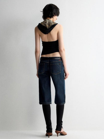 RUN TO THE FUTURE Durable Vintage Deep Blue Casual Low Rise Straight Fit Zipper Denim Shorts