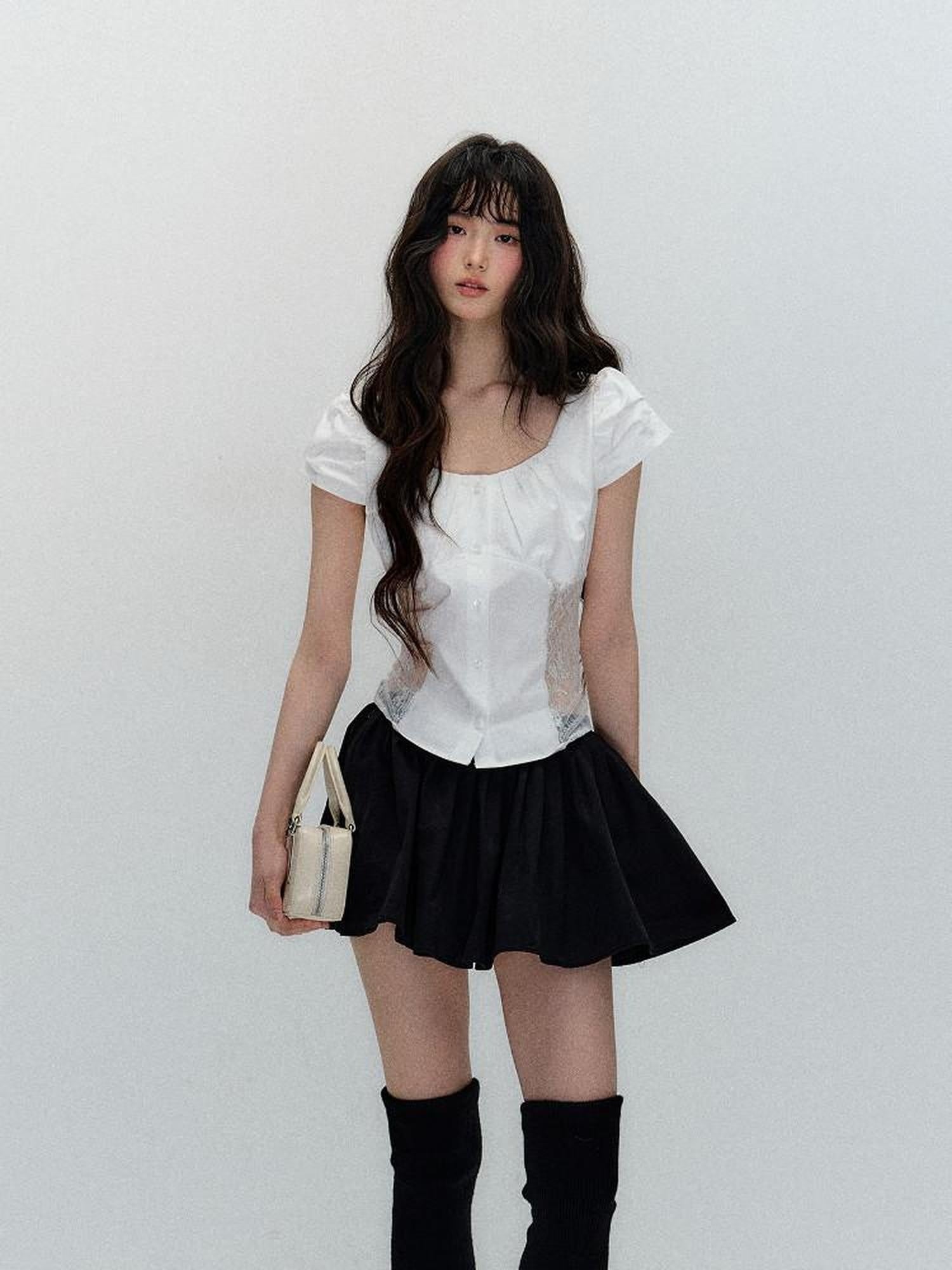 7Shiftin Puff Sleeve Two Piece Office Chic Women Crop T Shirt Basic Crop Tops