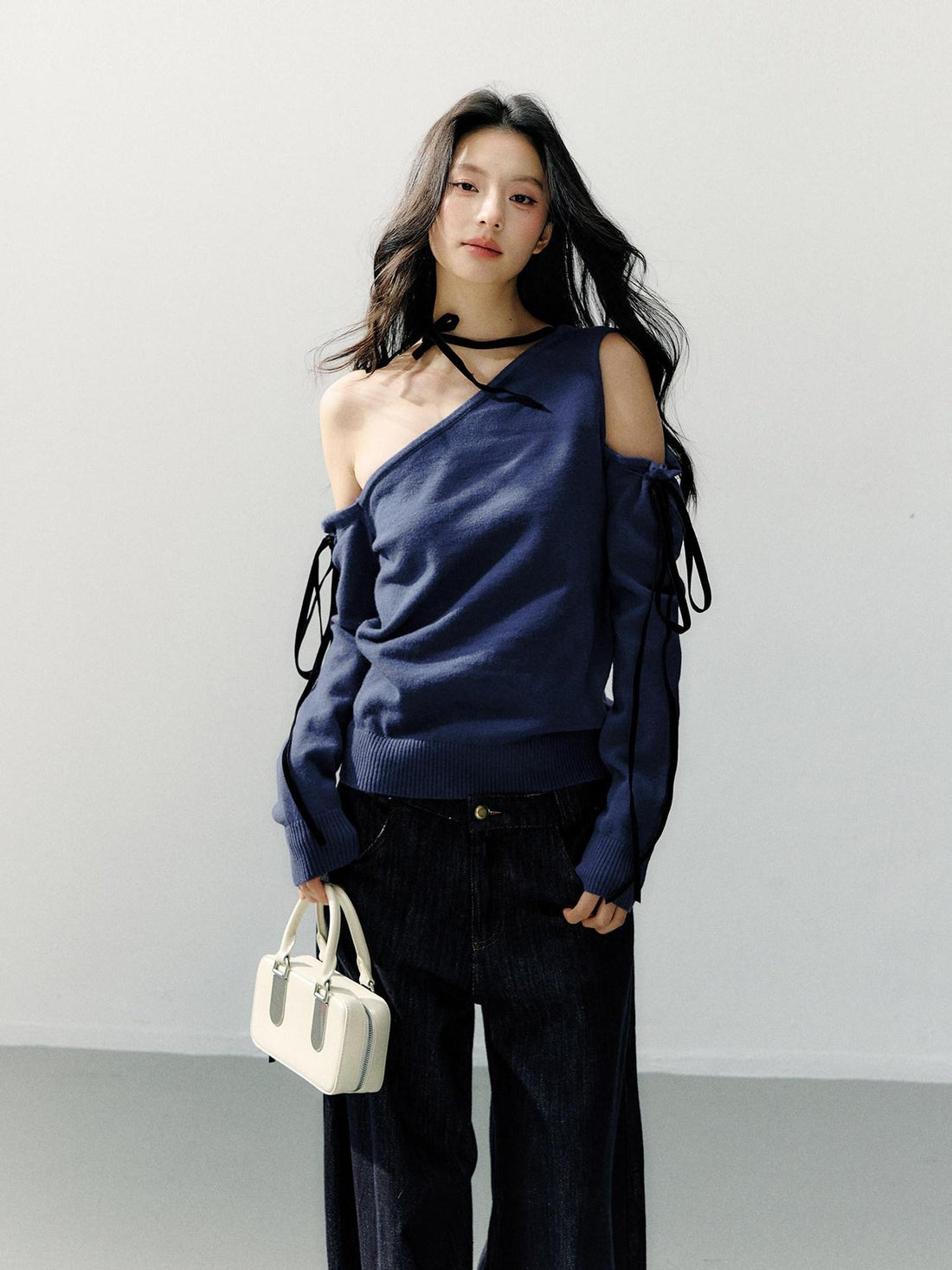 7Shiftin Cozy Casual Loose Backless Women Knit Pullover Blue Long Sleeve Sweaters