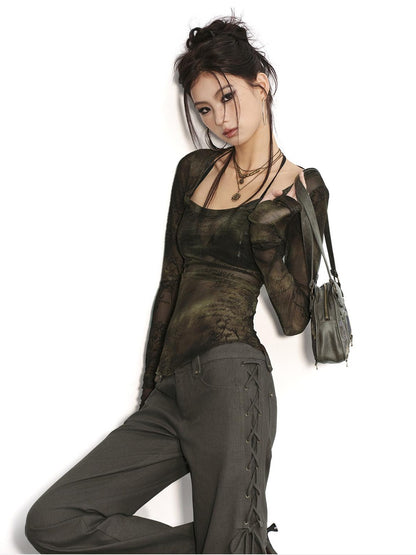 Low pixel Pure Cotton Low Waist Slim Fit Casual Women Olive Green Flared Pants