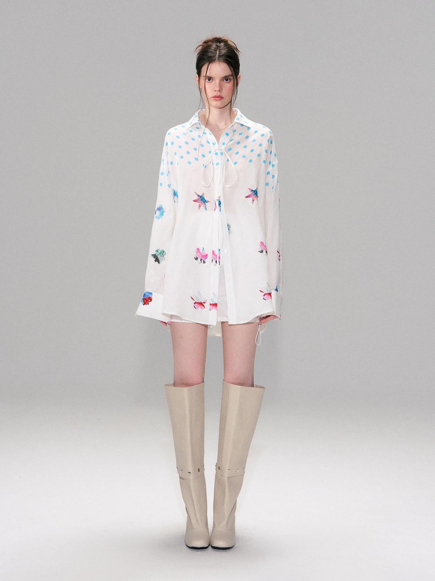 The NeverMore Soft Breathable Linen Blend Relaxed Drop Shoulder Polka Dot Long Sleeve Shirts