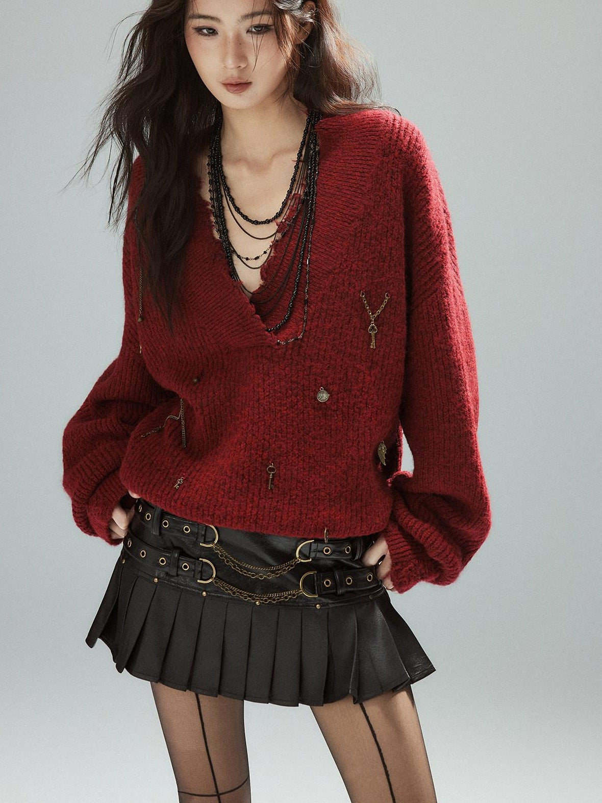 Low pixel Low Waist Pleated A Line Street Patchwork Chain Zipper Lined Black Mini Skirts